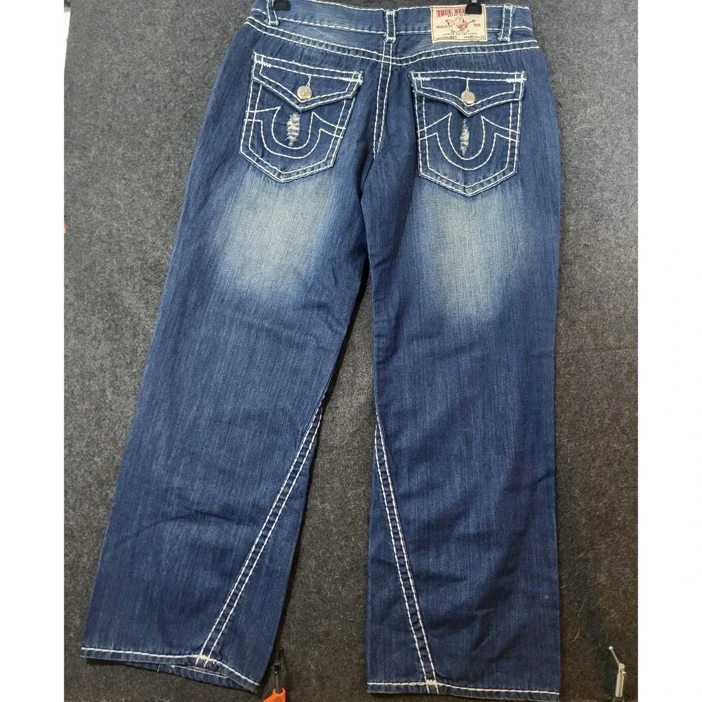 True Religion Joey Super T Flare Men's 36x31 Jeans Dark Wash White Stitch USA